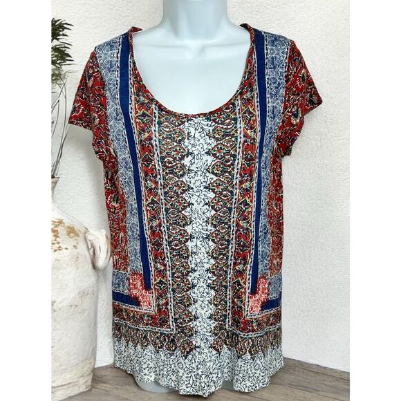 Lucky Brand Boho Top Size Small Short Sleeve Colorful Bohemian Blouse Scoop Neck - Picture 1 of 6